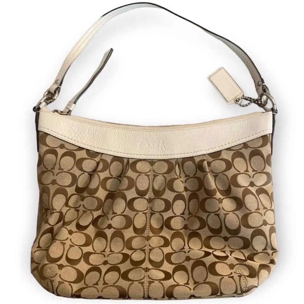 Coach Signature Brown Tan Canvas Leather White Trim Handbag Purse Bag